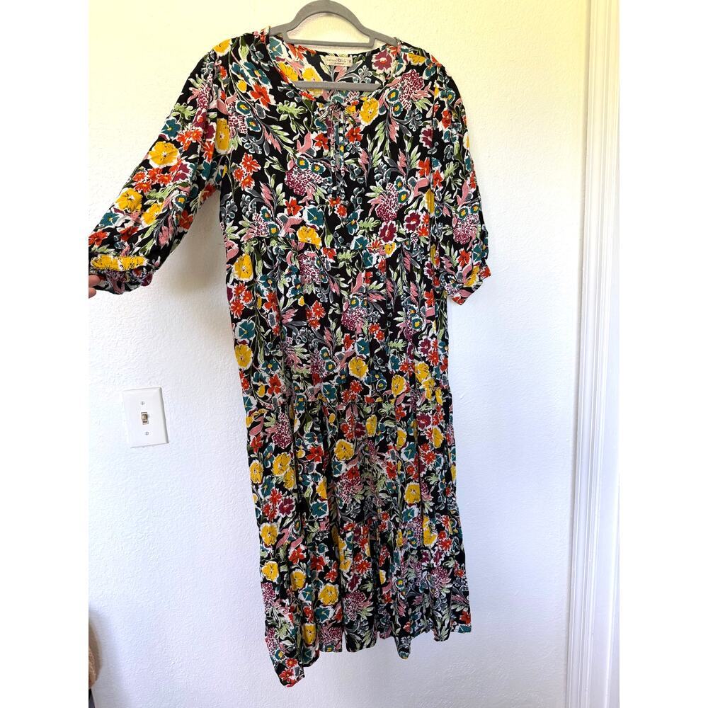 Natural Life Floral Maxi Dress Sz M Tie Front 3/4 Sleeves Boho Cottage Trad Wife